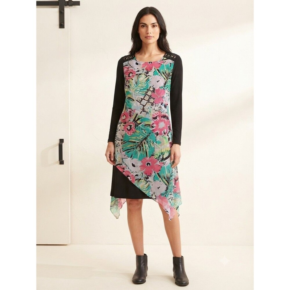 New Directions Floral Abstract Dress With Gold Ring Shoulder Accent